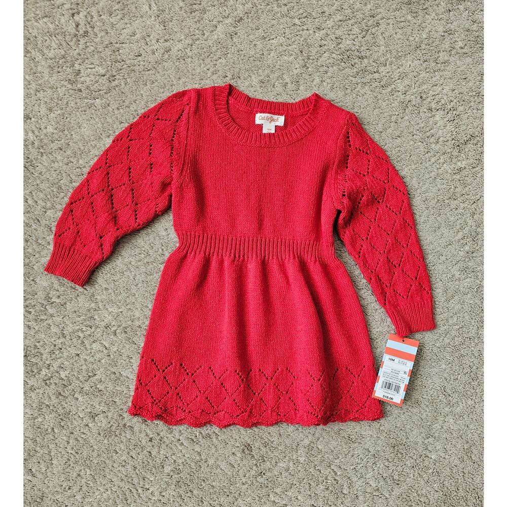 Cat & Jack Baby Girl Sweater Dress 18M Red Knit Long Sleeve dress